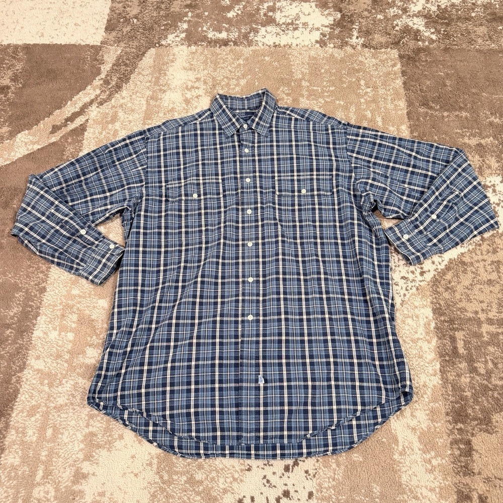 VTG Ralph Lauren Shirt Men's Seersucker Large Blue Plaid Button Down Pocket